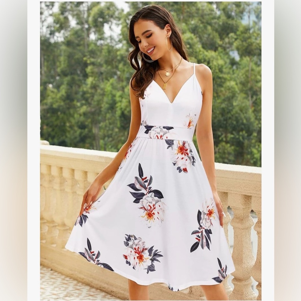 Ultranice Womens Cotton V-Neck Spaghetti‎ Strap Sun Dress White Floral Medium